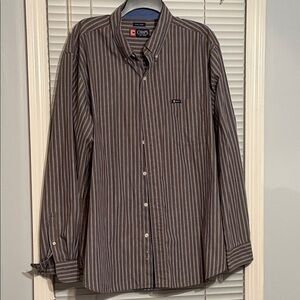 Vintage Chaps Men's Brown and Blue/White Striped Shirt